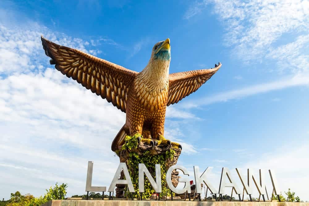 Langkawi, Malaysia - Eagle Square in Langkawi, near the Kuah port, in late afternoon light. This giant Eagle statue is the symbol of Langkawi island, Malaysia