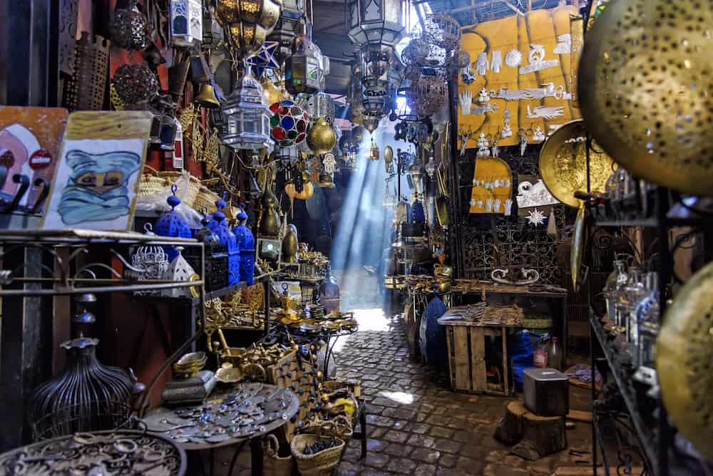 Marrakech, Morocco - A Narrow passage in the Souk Haddadine. A souq or souk is a marketplace or commercial quarter in Western Asian, North African and some Horn African cities
