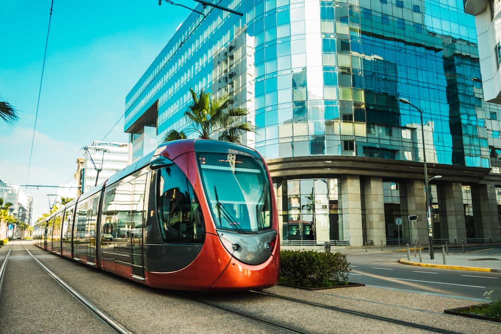 view of a tram passing on railways in the financial district - Casablanca - Morocco