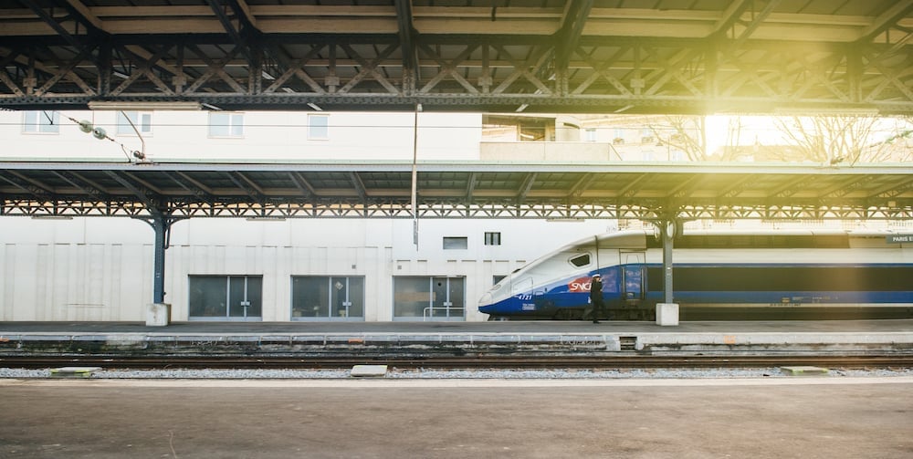 PARIS FRANCE - TGV train a grande vitesse in Paris Central train station. TGV (Train a Grande Vitesse high-speed train) is France's intercity high-speed rail service operated by SNCF the national rail operator