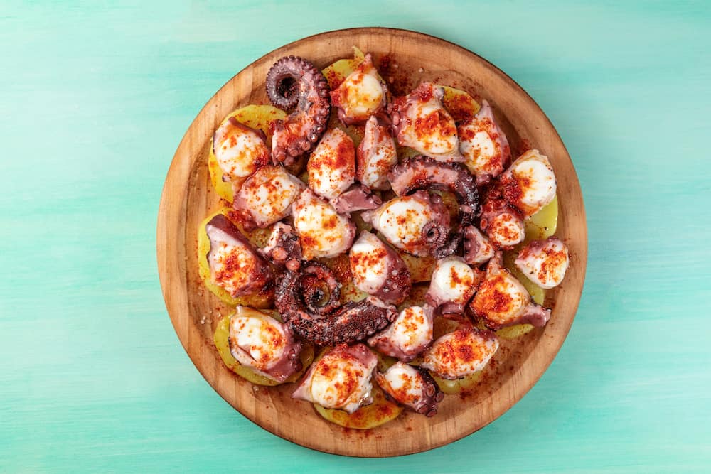An overhead photo of pulpo a la gallega, an octopus with boiled potatoes, typical Spanish Galician dish, on a traditional wooden plate on a teal background with copy space