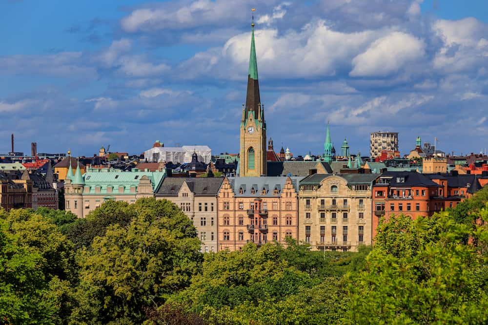 View onto traditional gothic buildings and Oscarskyrkan or Oscar's Church in the Ostermalm district in Stockholm, Sweden