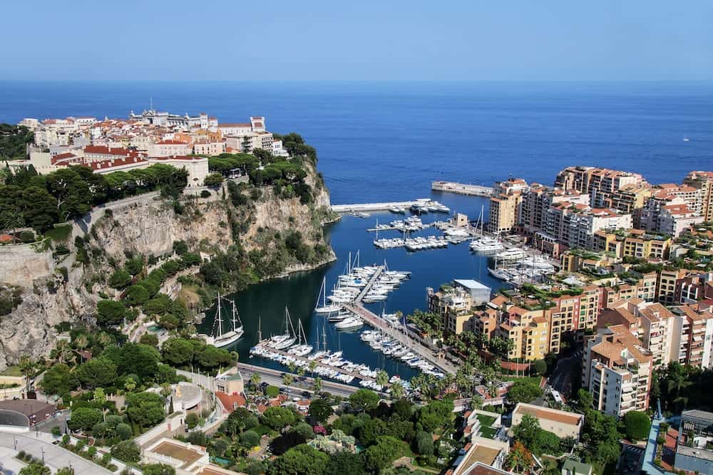 View of Monaco City and Fontvieille with boat marina in Monaco. Monaco City and Fontvieille are two of the four traditional quarters of Monaco.