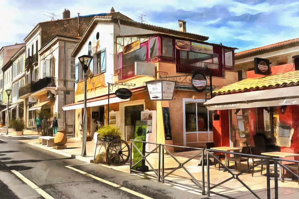 Old town street cityscape colorful painting, Vallauris, France