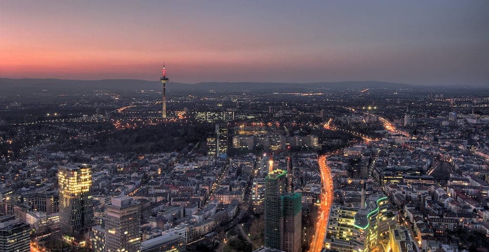 Frankfurt's Nordend district at dusk. Panorama. Germany