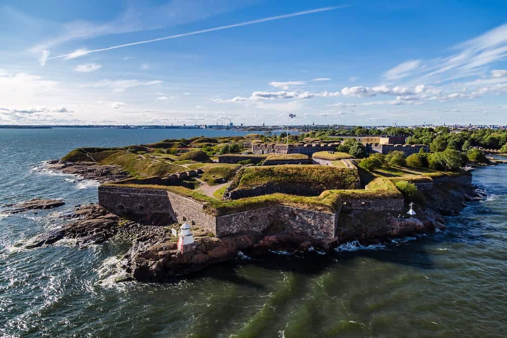 Suomenlinna is the fortress outside Helsinki, here on a summer day with the city seen in the background, Finland