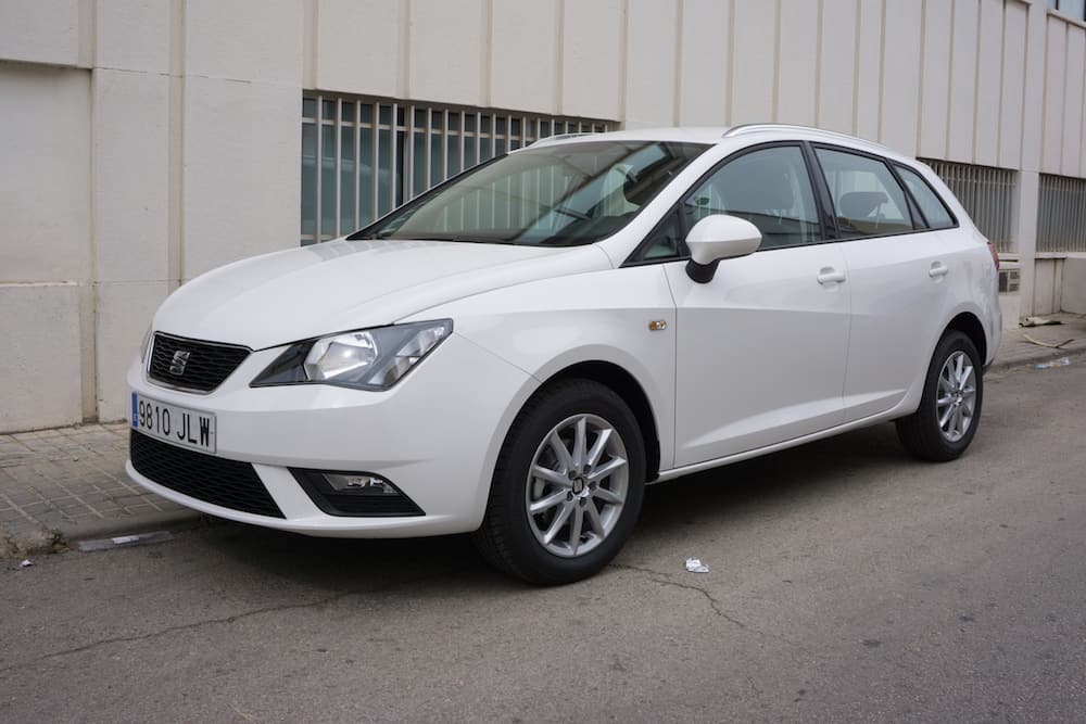 VALENCIA, SPAIN - A White 2015 SEAT Ibiza Five-Door Hatchback Vehicle parked in the streets of Valencia. The SEAT Ibiza is a supermini car made by the Spanish automaker SEAT since 1984.