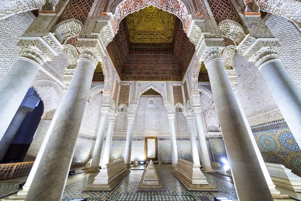Marrakech, Morocco - The room with the twelve columns in Saadian Tombs. These tombs are sepulchres of Saadi Dynasty members and are a major attraction for visitors in Marrakech