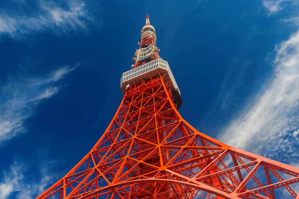 TOKYO, JAPAN - The famous Tokyo Tower seen from below, a city landmark in Tokyo, Japan