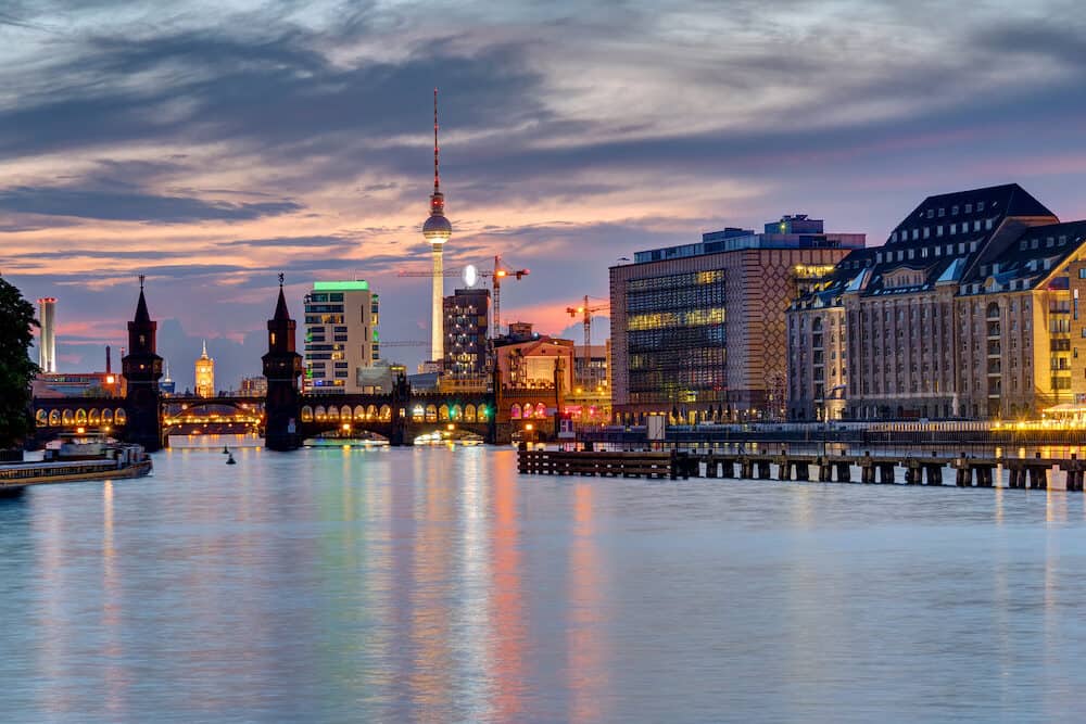 Evening at the river Spree in Berlin with the Television Tower in the back