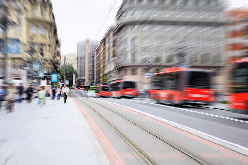 Blurred image of the streets of Bilbao at evening time. Spain.