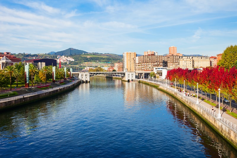 Nervion River embankment in the centre of Bilbao, largest city in the Basque Country in northern Spain