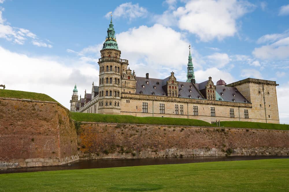 Exterior view of the historical Kronborg Castle in Helsingor, Denmark.