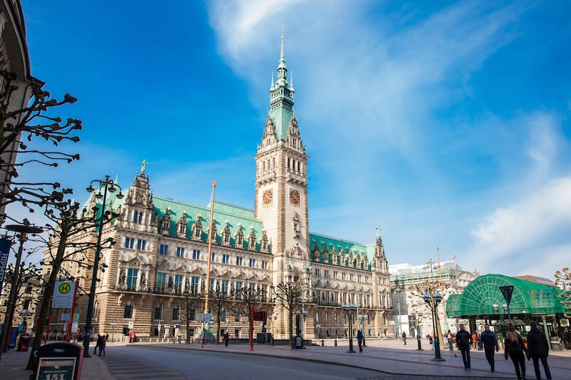 HAMBURG, GERMANY - Hamburg City Hall building located in the Altstadt quarter in the city center at the Rathausmarkt square in a beautiful early spring day
