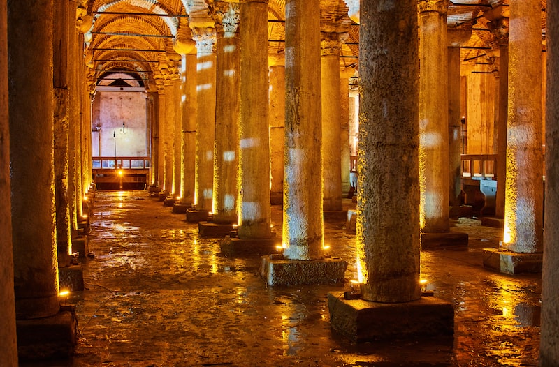 Underground Basilica Cistern Yerebatan Sarnici in Istanbul, Turkey. Cistern in Istanbul underground. Basilica showplace in Istanbul. Place underground in Istanbul Basilica.