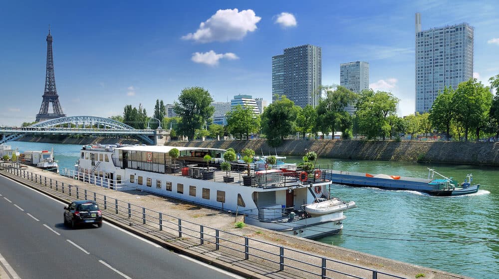 Quay Voie George Pompidou and Allee des Cygnes on river Seine in Paris France.