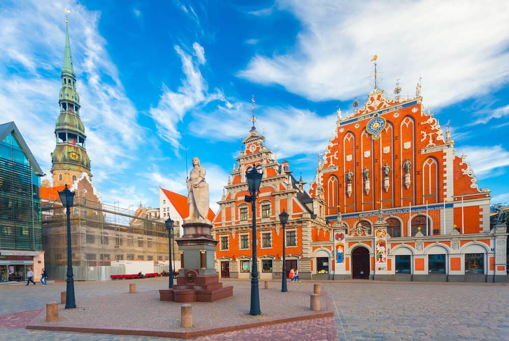 RIGA, LATVIA -View on the The Town Hall Square, Roland Statue and The Blackheads House are located in the city center of Riga