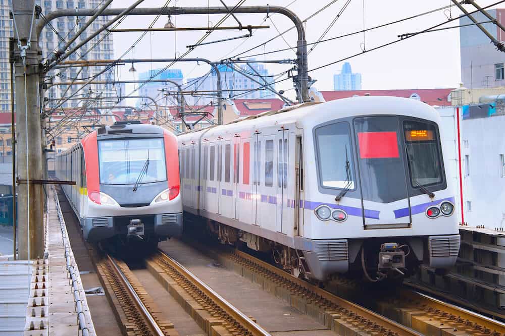 Metro trains on a rails in Shanghai in the day. China