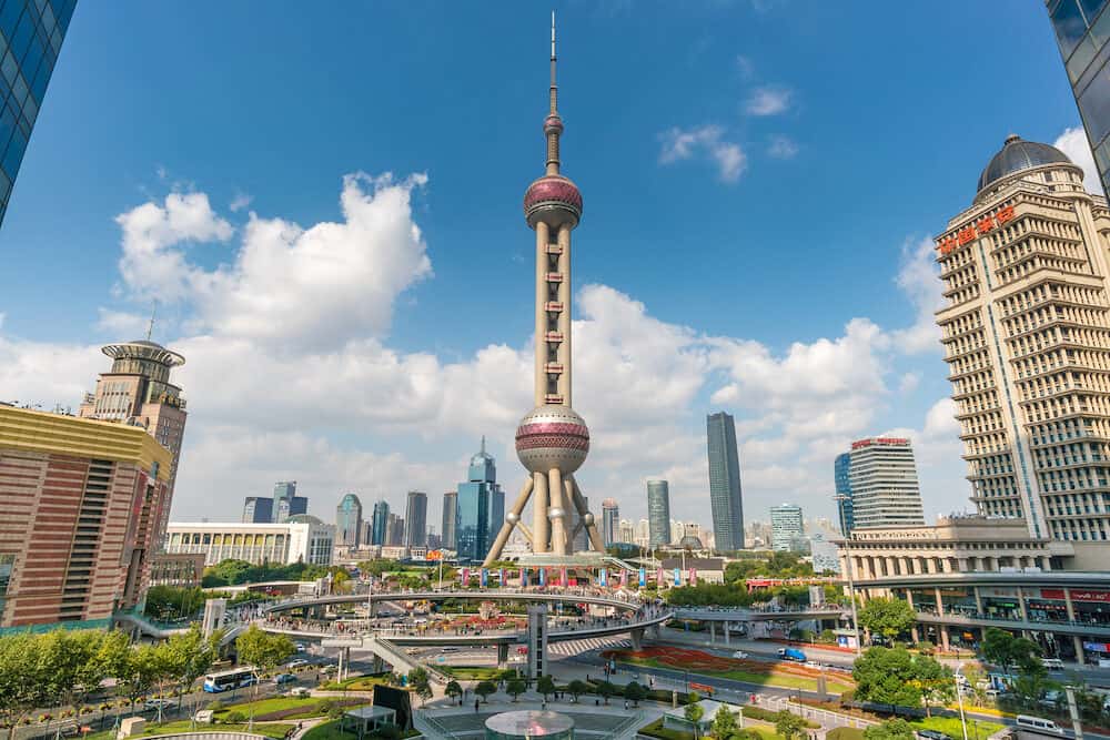 Shanghai, China - View of Oriental Pearl Tower in Shanghai. It is a landmark and popular tourist attraction in Shanghai located at Lujiazui, the CBD of Shanghai.