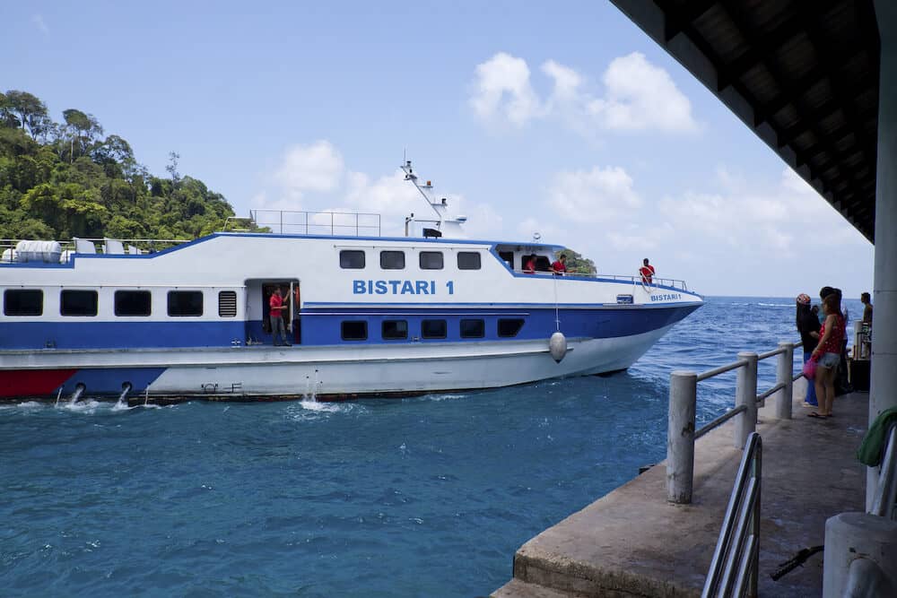 TIOMAN ISLAND, Mersing/Tioman Island ferry Bistari 1 arriving at Salang Village jetty on Tioman Island, Malaysia