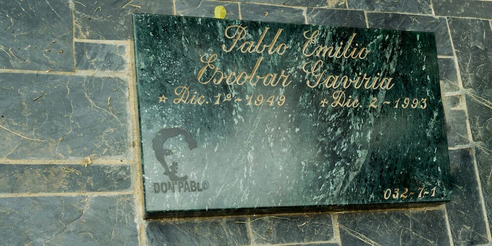 MEDELLIN COLOMBIA - Tombstone of Pablo Escobar . Pablo Emilio Escobar Gaviria was a notorious Colombian drug lord who was shot and buried in Medellin Colombia