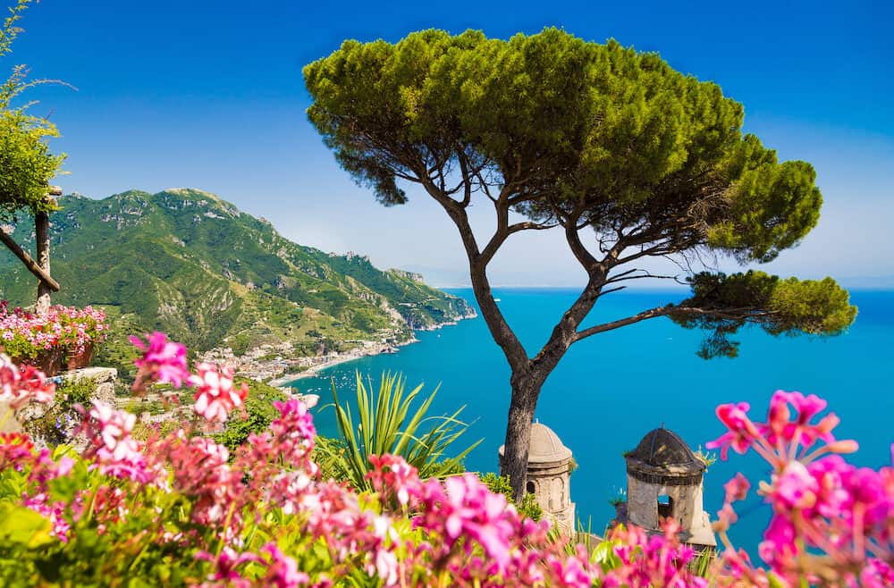 Scenic picture-postcard view of famous Amalfi Coast with Gulf of Salerno from Villa Rufolo gardens in Ravello Campania Italy