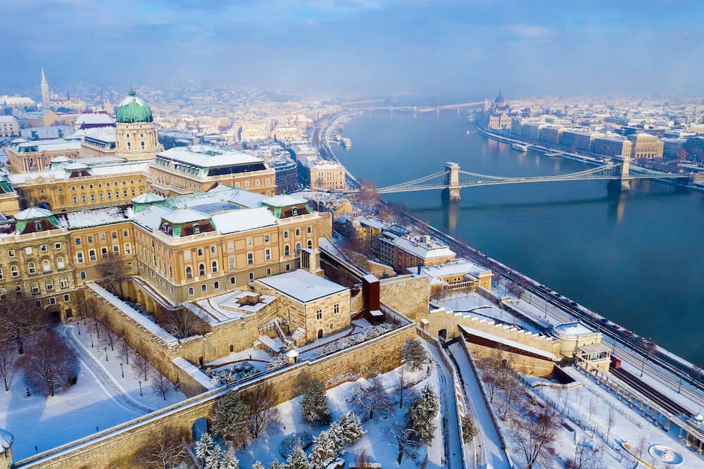 Budapest in winter. Hungary - skyline panorama of Budapest in the winter. The Danube the Parliament the Chain Bridge and the Buda Castle.