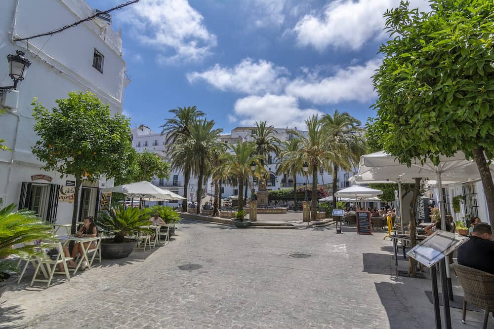 Vejer de la Frontera, Andalucia, Spain, The main square in Vejer de la Frontera is Plaza de Espana, featuring a beautiful fountain with colorful ceramic tiles