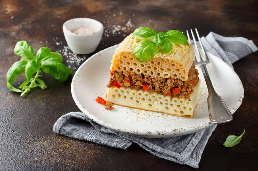 Pastitsio casserole with pasta and minced meat. Greek traditional dish
