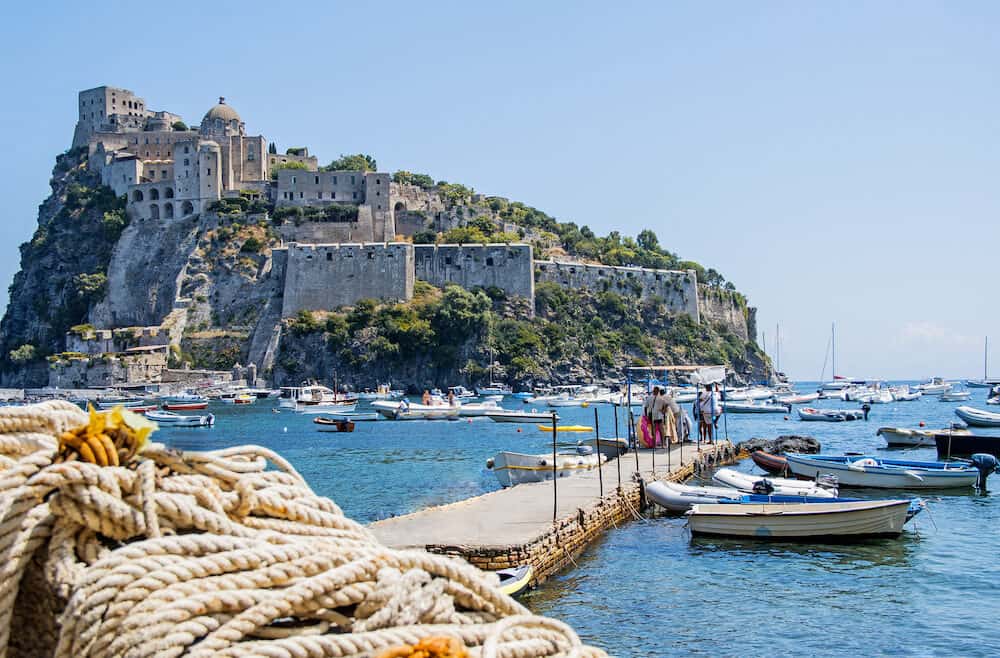 Ancient castle near Ischia island. Tourist target when traveling in Campania. Italy.