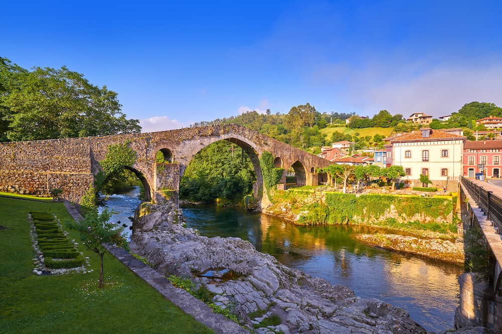 Cangas de Onis roman bridge on Sella river in Asturias of Spain