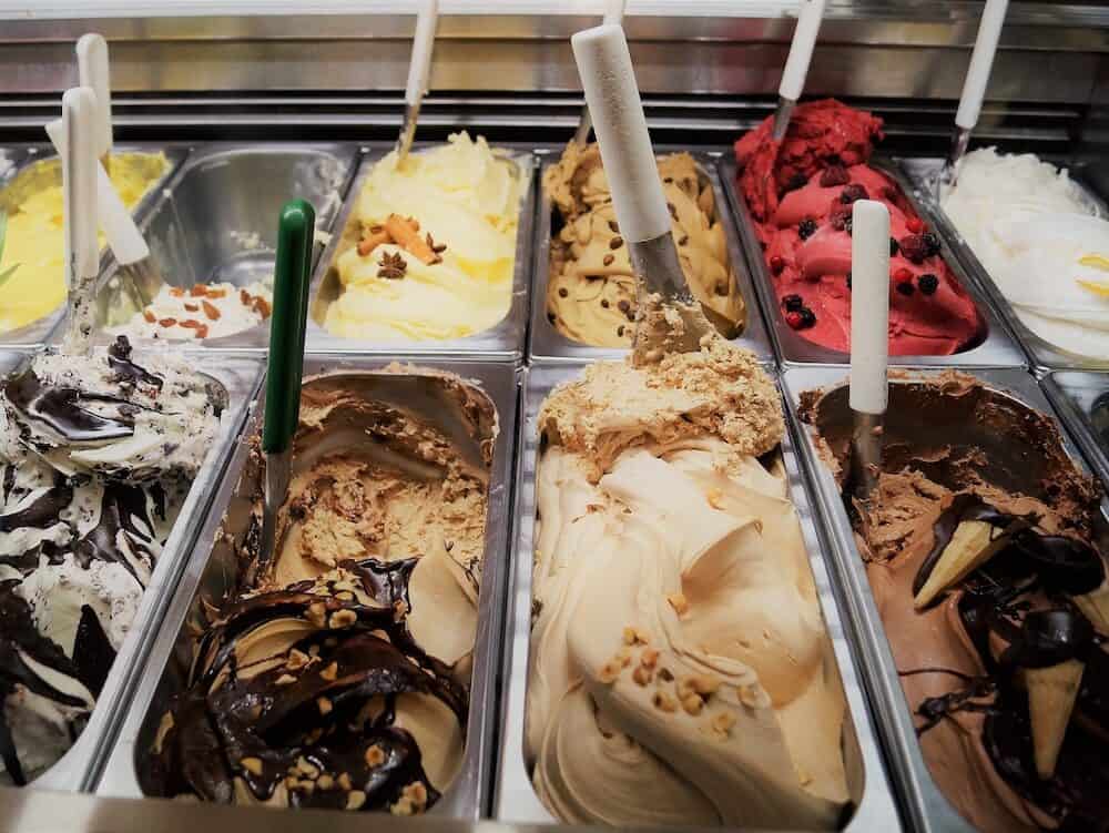 Gelato shop in Italy. Assorted flavors of Italian gelato on display in a Gelateria shop in Assisi, Italy