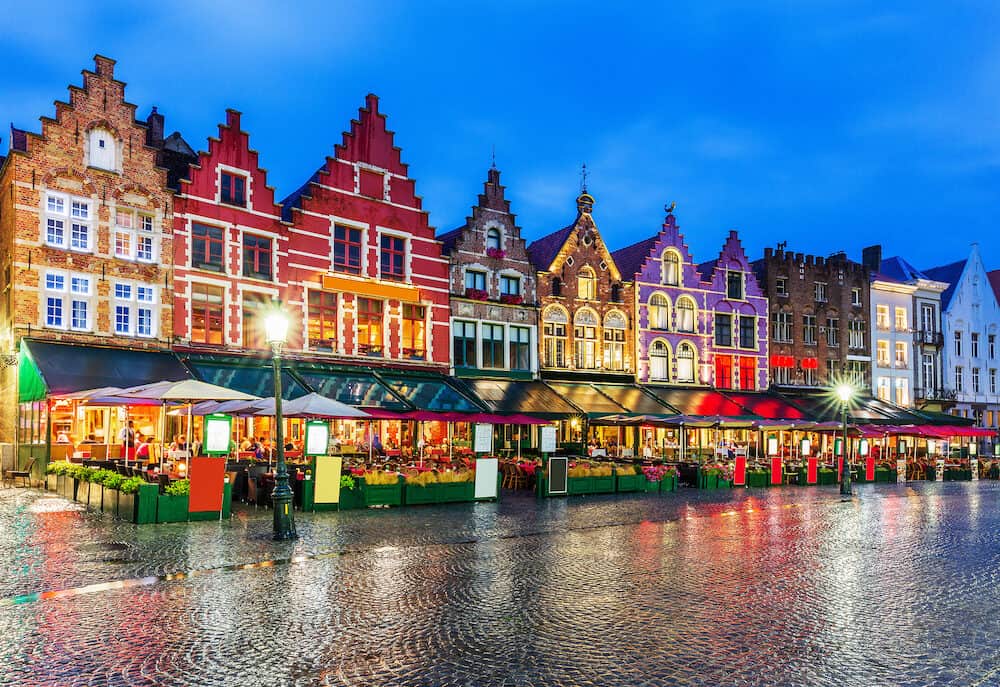 Bruges, Belgium. Grote Markt square at night.