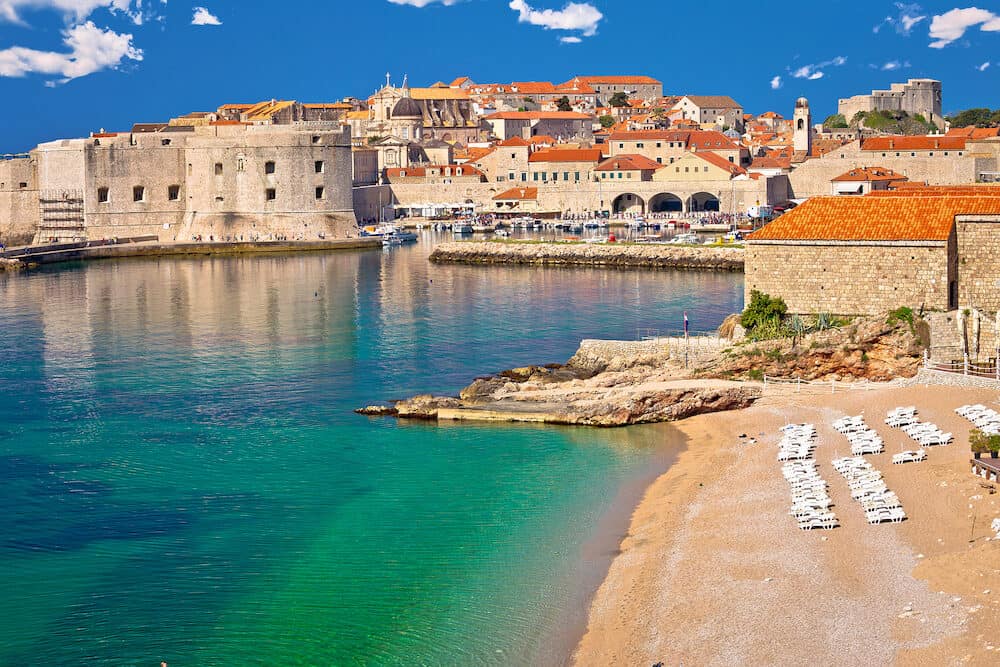 Historic town of Dubrovnik and Banje beach view, Dalmatia region of Croatia