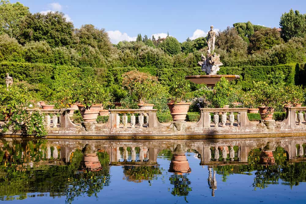 Boboli Gardens park Isolotto, an oval-shaped island in a pond at the end of the Viottolone axis, Florence, Tuscany, Italy
