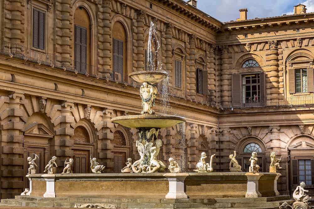 Florence, Italy - : Fountain statue close-up view near Palazzo Pitti Palace and Boboli gardens