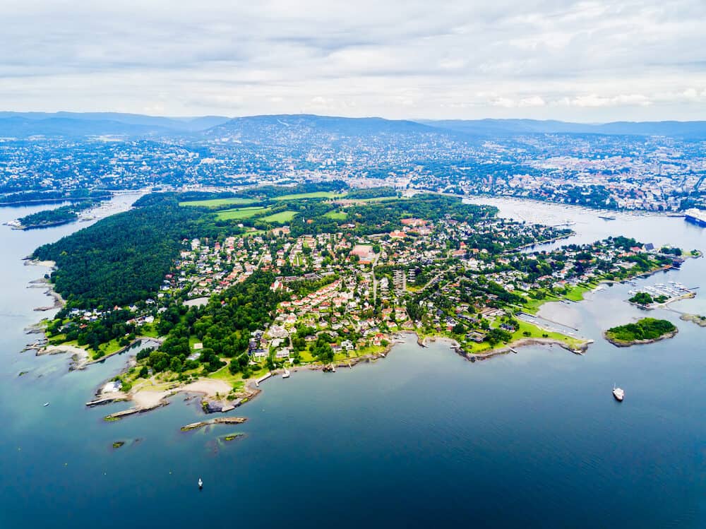 Bygdoy aerial panoramic view. Bygdoy peninsula situated on western side of Oslo city, Norway. Bygdoy is the home of five national museums as well as a royal estate.