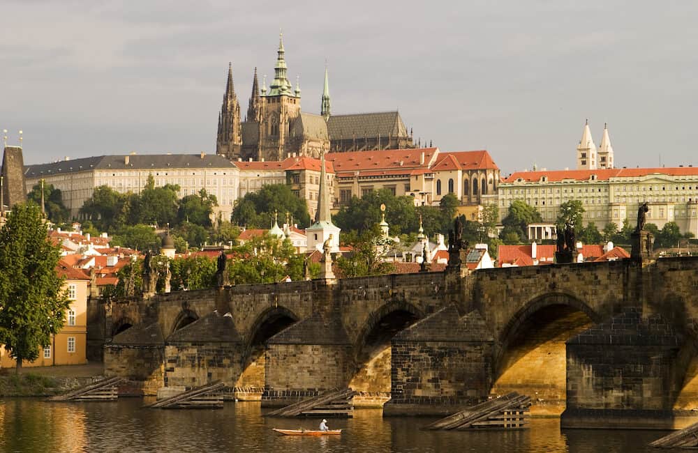 A view of the Prague Castle and the Charles Bridge from across the Vltava River.