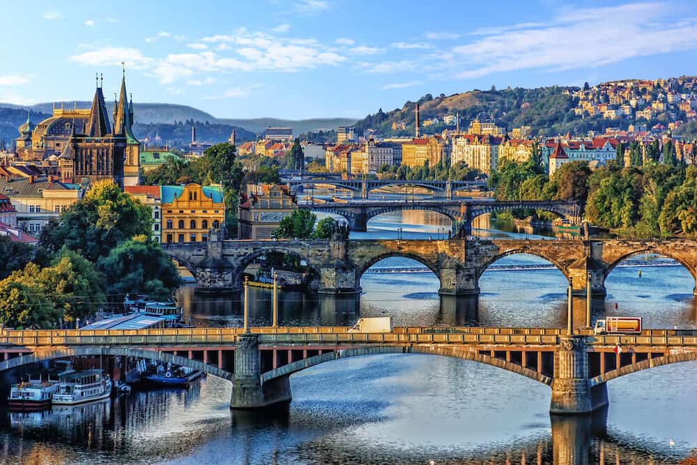 Manes Bridge, Charles Bridge and Legion Bridge view in Prague, C