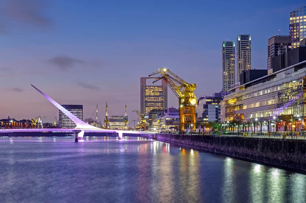 Puerto Madero and the Puente de la mujer in Buenos Aires, Argentina, after sunset
