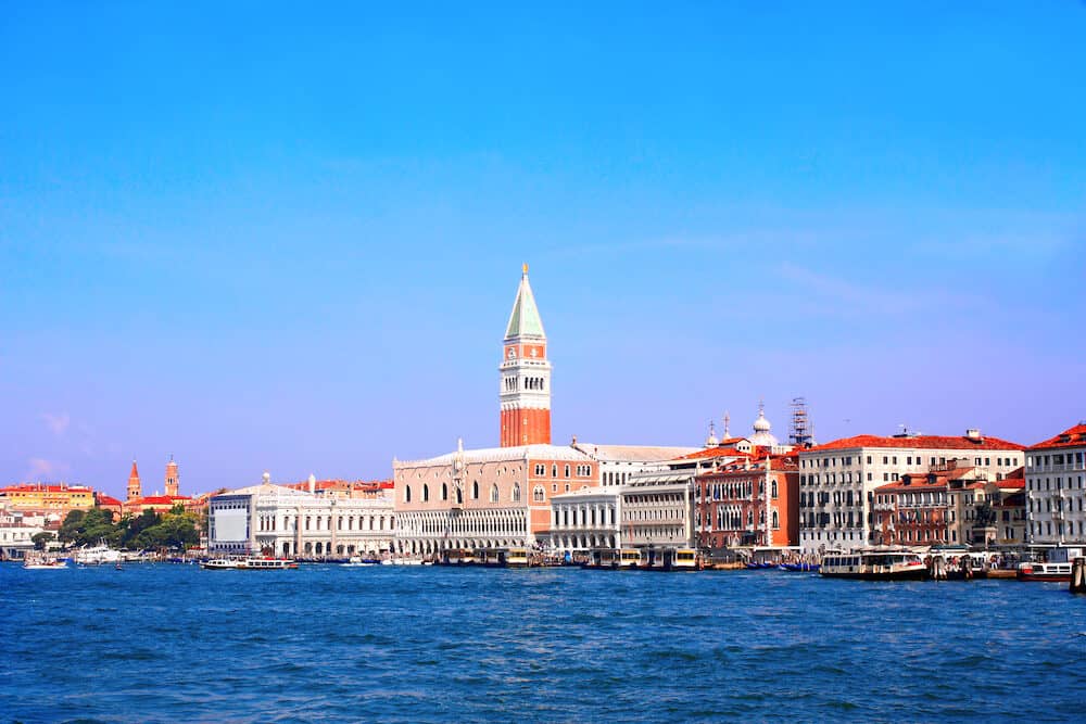 Waterfront view at Doge's Palace and Campanile on Piazza di San Marco, Venice, Italy