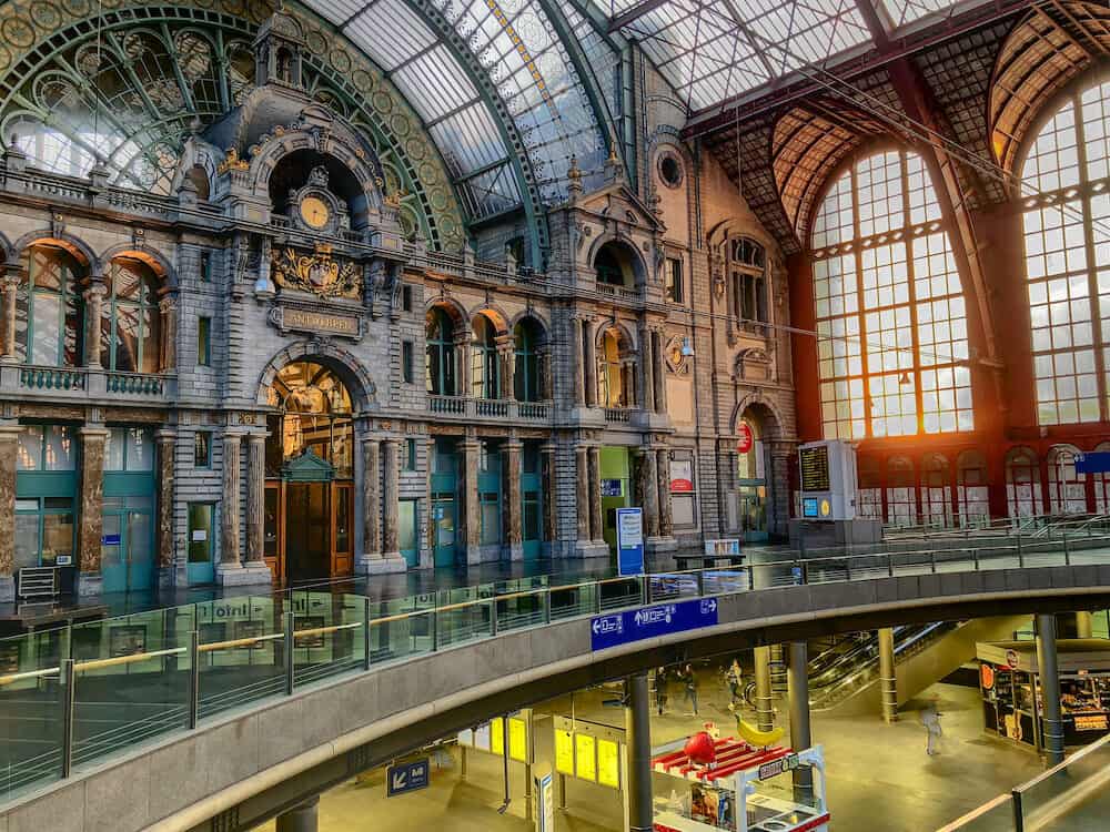 Antwerp, Belgium - Inside the monumental Antwerp Train Station. Antwerp Central is often considered to be one of the most beautiful railway stations in the world.