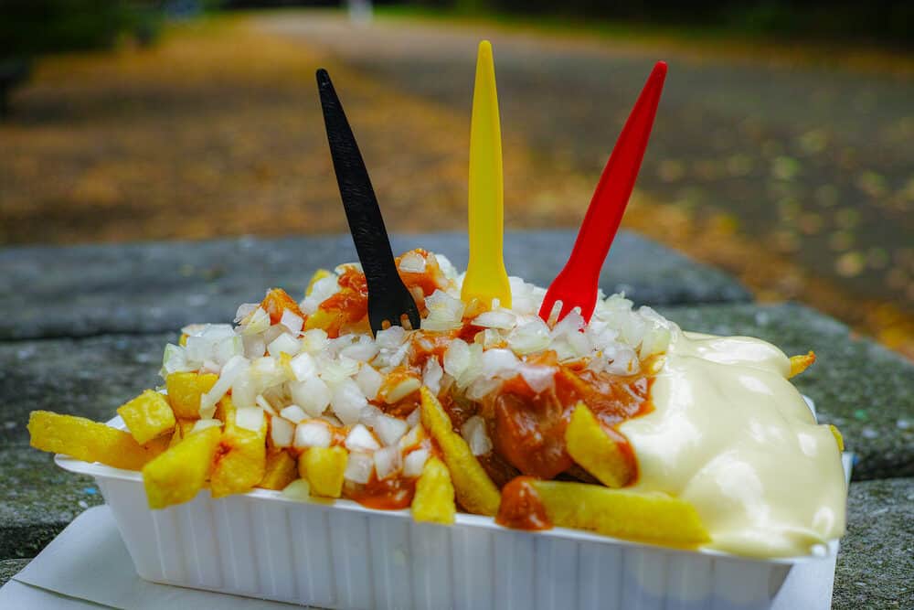 Traditional Belgian fast food, fried potatoes chips with mayonnaise, sate souse and onion served outside