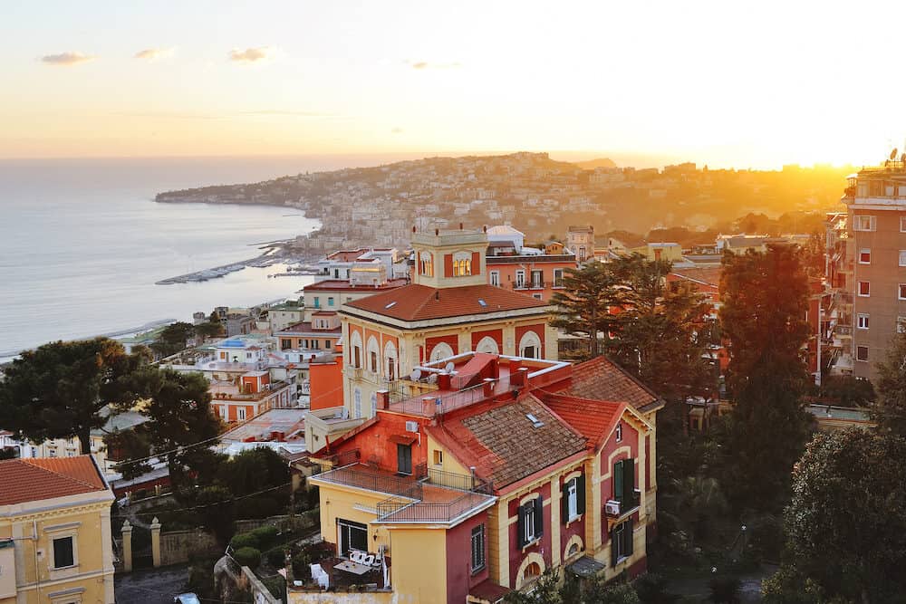 Naples panoramic view of Posillipo hill at sunset Italy