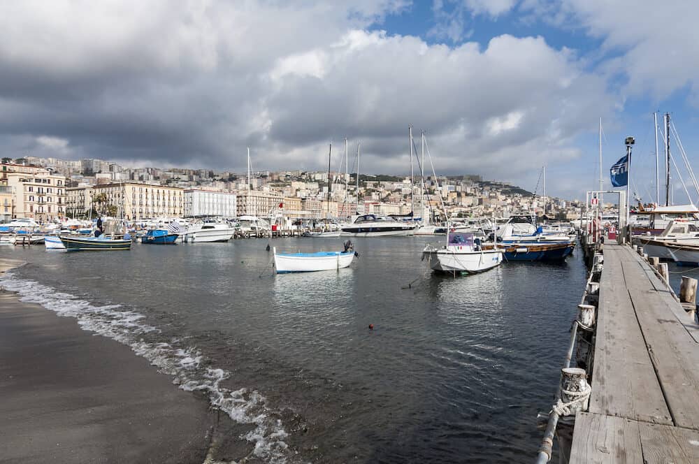 NAPLES, ITALY - View of the marina and touristic harbor of Mergellina, in the city of Naples, Italy