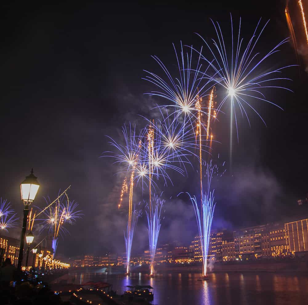 Display of Fireworks during the Luminara Festival in Pisa, Italy.