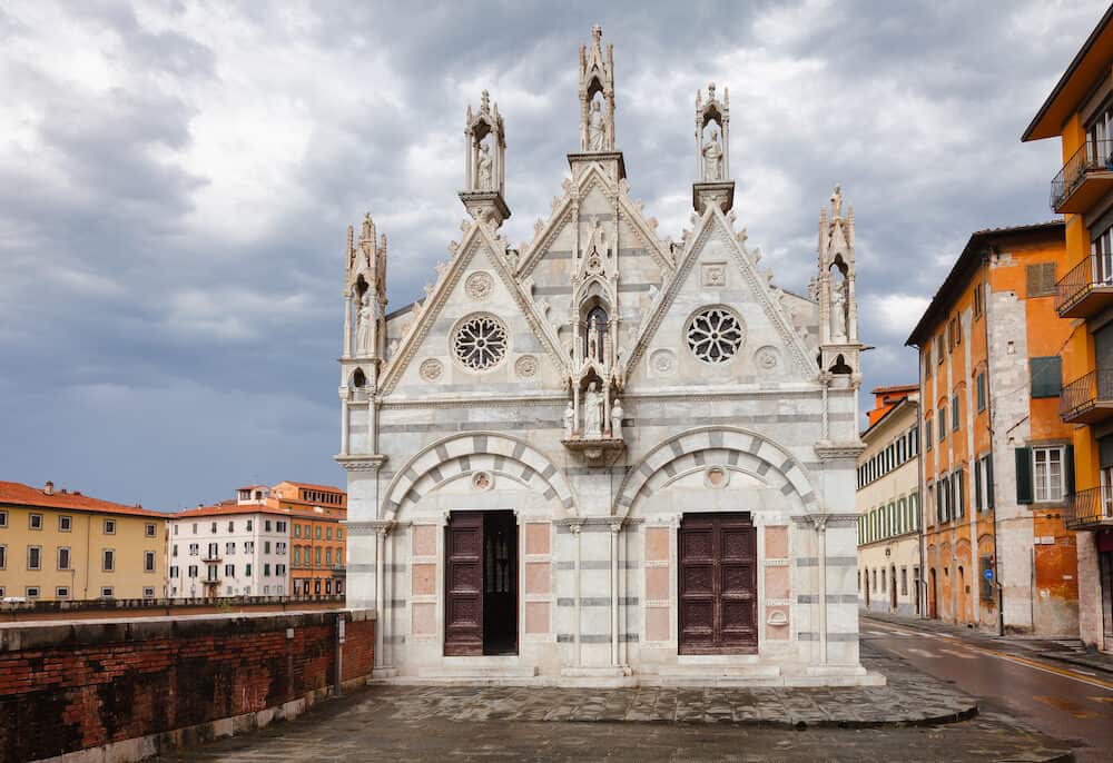 Medieval Pisan Gothic Santa Maria della Spina church on Arno River embankment, Pisa, Tuscany, Italy