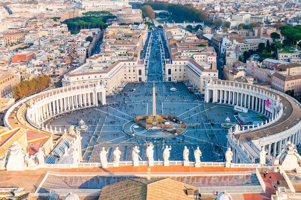 Vatican, Rome, Italy - View from above on the famous St. Peters Square, Piazza San Pietro is a large plaza located directly in front of St. Peters Basilica in the Vatican City