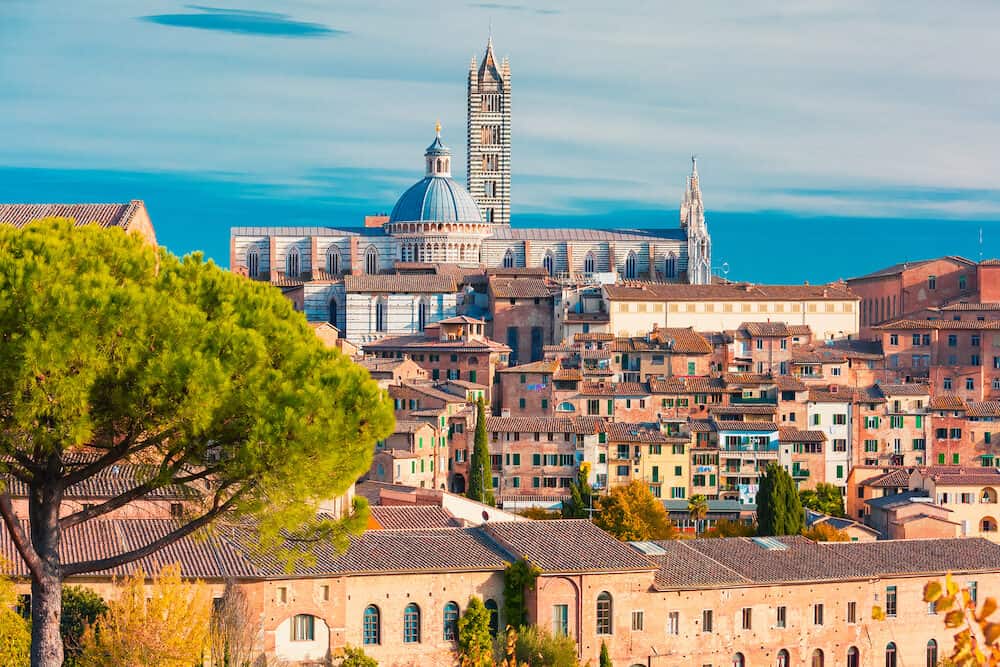 Beautiful view of Dome and campanile of Siena Cathedral, Duomo di Siena, and Old Town of medieval city of Siena in the sunny day, Tuscany, Italy