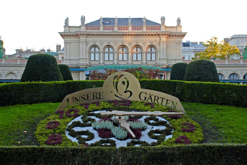 VIENNA, AUSTRIA - Kursalon and "Unsere Garten" (Our Garden) - a functioning flower clock at the City Gardens (Stadtpark) Vienna Austria. Kursalon is a popular concert hall in Stadtpark.